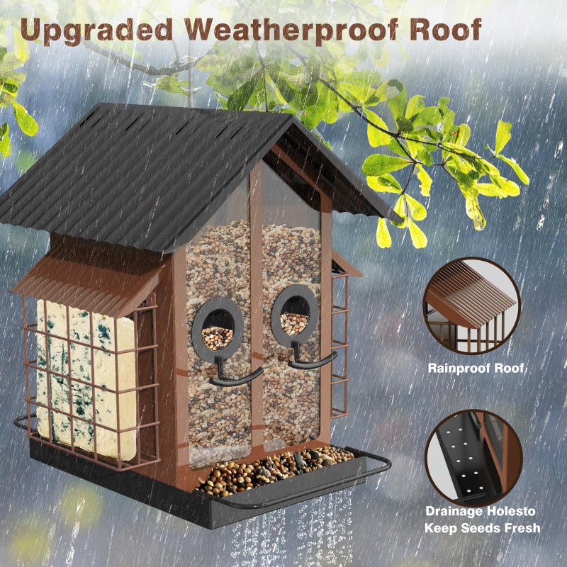 FlowaFoli Bird Feeders for Outdoors  Metal Bird Feeder with Double Suet Cage Weatherproof Metal Roof  2 in 1 Mixed Seeds Suet Feeder  4Lbs Large Capacity  Great for Finch?Cardinal?Chickadee(Brown) - Image 5